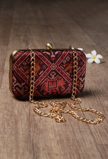 Bella Maroon & Multi Patola Print Rectangular Box Clutch